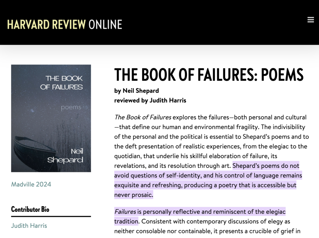 Screen capture of the opening lines of a review of THE BOOK OF FAILURES that appeared in the Harvard Review